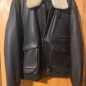 Men's Brown Leather Jacket with Cream Collar